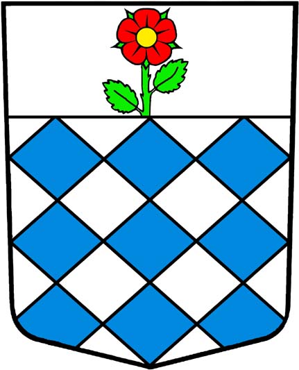In Silber ein aus liegenden durchbrochenen Rauten gebildetes blaues Gitter, im Schildhaupt überdeckt von einer roten Rose mit goldenem Butzen und grünen Kelchblättern